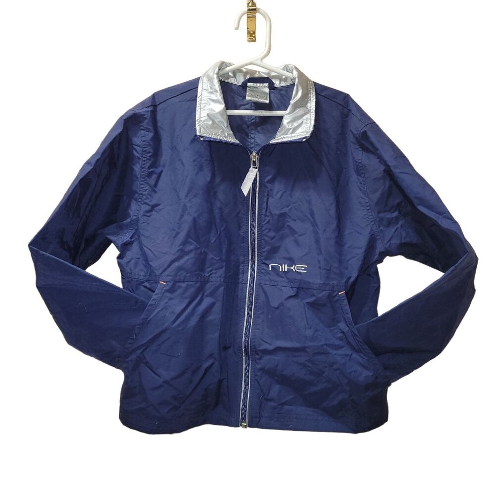 Nike Youth/Kids Medium Windbreaker Jacket Full Zip Front Collar Navy Silver